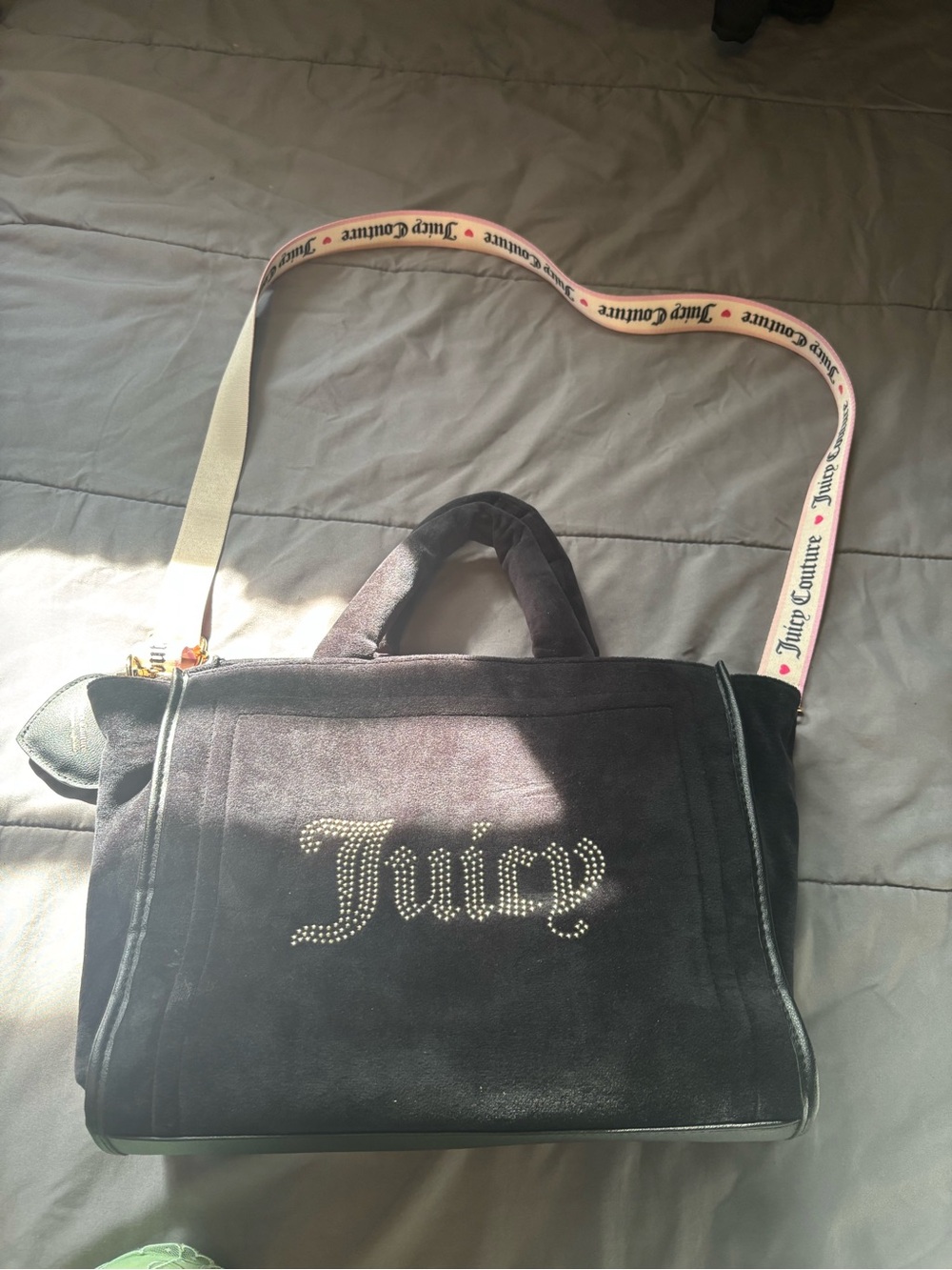 Juicy Couture Black Velour Tote with Rhinestone 'Juicy' Logo and Branded Strap